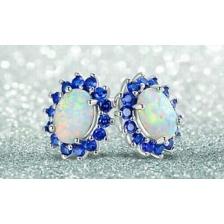 Women's Oval Cut Fire Opal & Halo Sapphire 14k White Gold Finish Push Back Stud Earrings