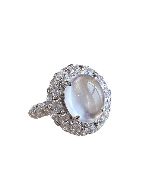 Women's Oval Ice White Chalcedony Cocktail Ring, Vintage Halo Cubic Zirconia Pigeon Egg Statement Ring, Silver Plated Elegant Luxury Ladies Wedding Party Jewelry Gift