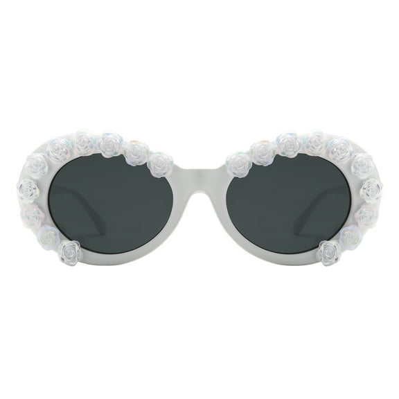 Women's Oval Sunglasses With AB Color White Rose Flowers UV400 White