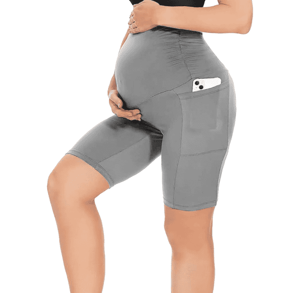 Women's Over Belly Maternity Shorts - High Waisted Yoga Lounge with Pocket(L, Gray)