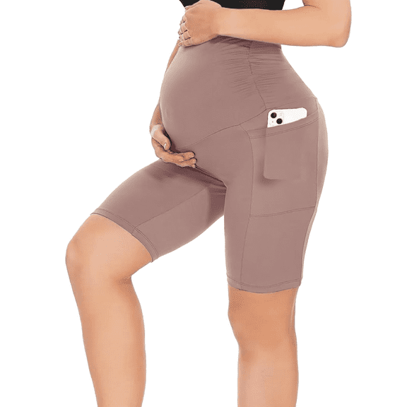 Women's Over Belly Maternity Shorts - High Waisted Yoga Lounge with Pocket(L, Lavender Gray)