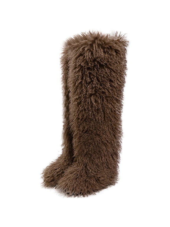 Women's Over Knee Faux Furs Snow Boot Soft Fleece Furry Plush Warm Tall Thigh High Boot Cold Weather Fuzzy Shoes