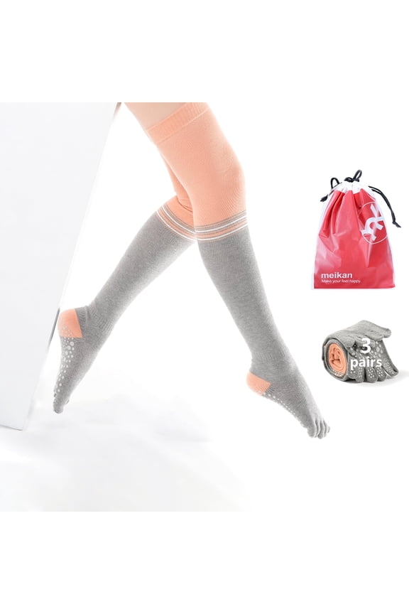 Women's Over-Knee Non-Slip Toe-Separated Yoga Socks, Suitable for Yoga, Pilates & Dance, 3 Pairs