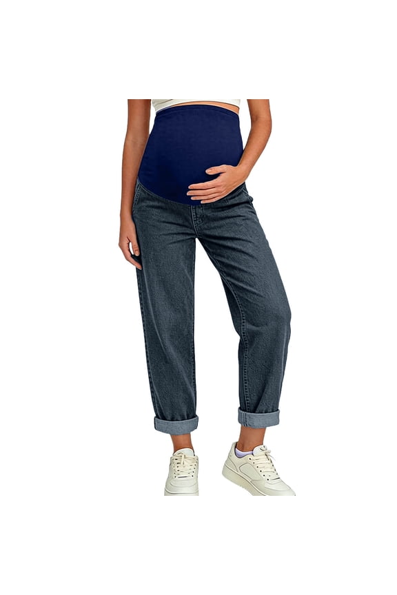 Women's Over The Belly Maternity Ankle Jeans Stretchy Denim Pregnancy Pants with Pockets Straight Leg Denim Work Pants