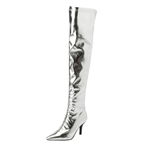 Xiaoxatg Women's Over-The- Boots Women Metal Knee Over Boots Nightclub Steel Pipe Dance Boots High Heel Zipper Knee Over Boots 8 Silver