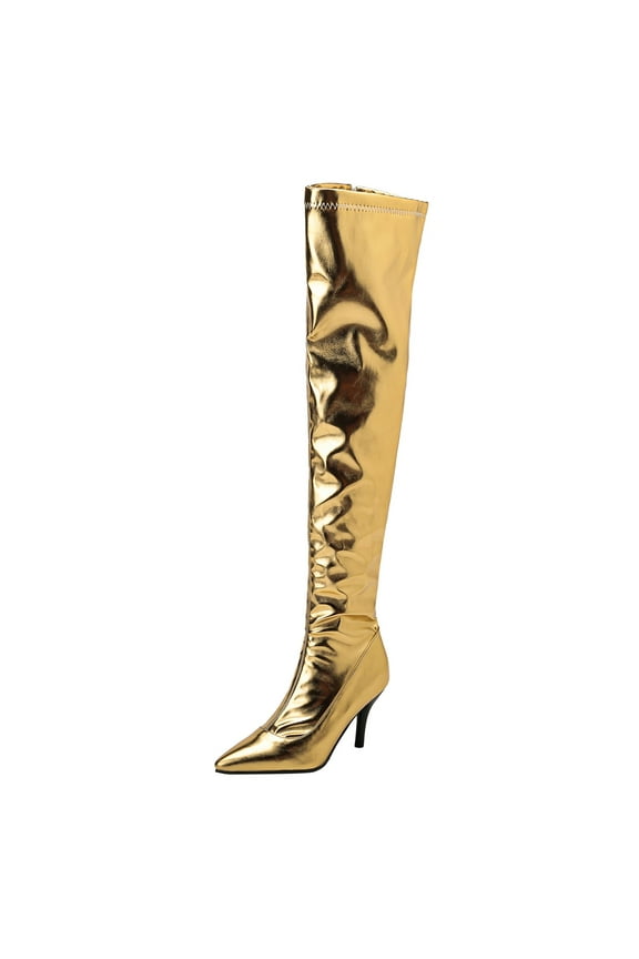 Women's Over-The- Boots Women Metal Knee Over Boots Nightclub Steel Pipe Dance Boots High Heel Zipper Knee Over Boots 7.5 Gold