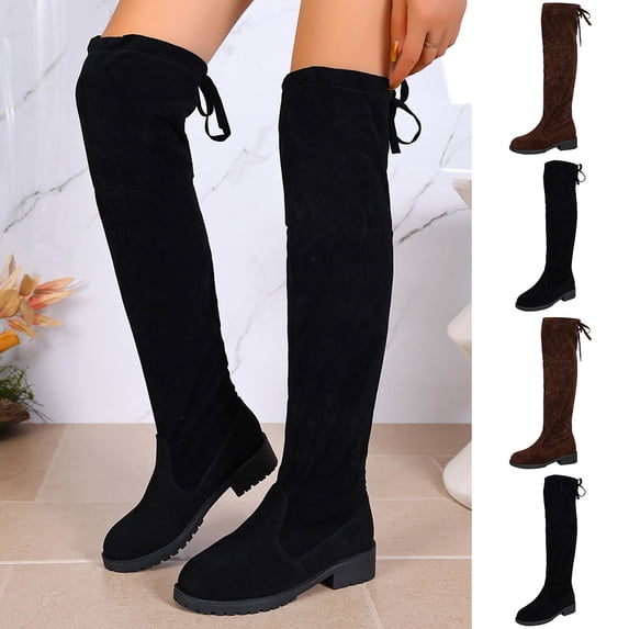 Women's Over The Knee Boots Lace-Up Chunky Heel Round Toe Winter Tall Boots Casual Comfortable Slim Boots for Outdoor Walking