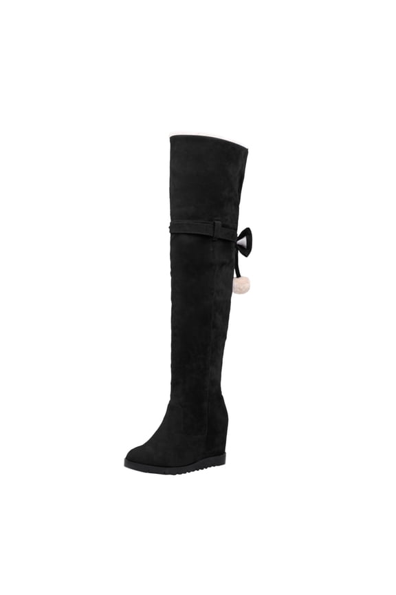 Women's Over-The-Knee Boots Ladies Fashion Retro Solid Suede Removable Bow Decoration Elevated Knee Length Footwear