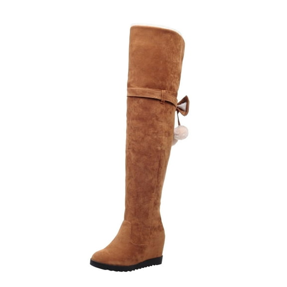 Women's Over-The-Knee Boots Ladies Fashion Retro Solid Suede Removable Bow Decoration Elevated Knee Length Footwear