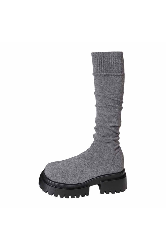 Women's Over-The-Knee Boots Stylish Elastic Long Shaft Heel Round Toe Slim Fit Knitted Sock Shoes for Attire