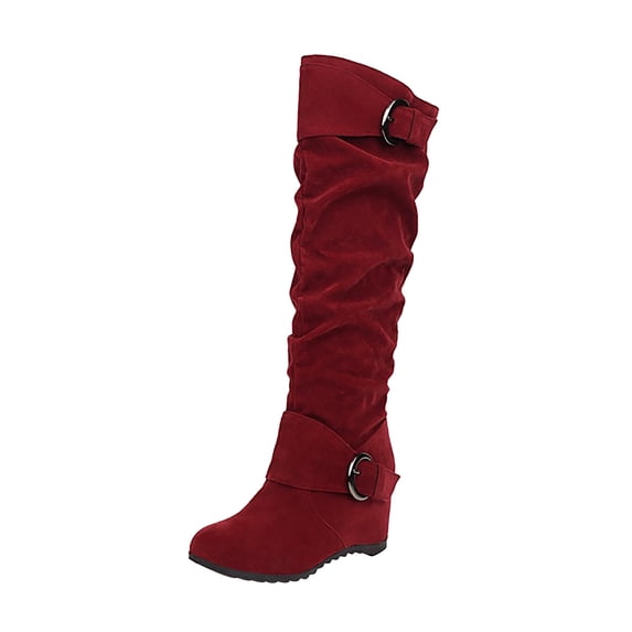 Women's Over The Knee Boots Suede Buckle Wedge Heel Winter Warm Boots Fashion Slouchy Boots Knee High Boots Red 42