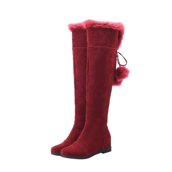 Women's Over The Knee Boots Suede Fuzzy Fleece Lined Wedge Heel Winter Boots Warm Plush Lining Buckle Buckle Pull on Boots Red 37