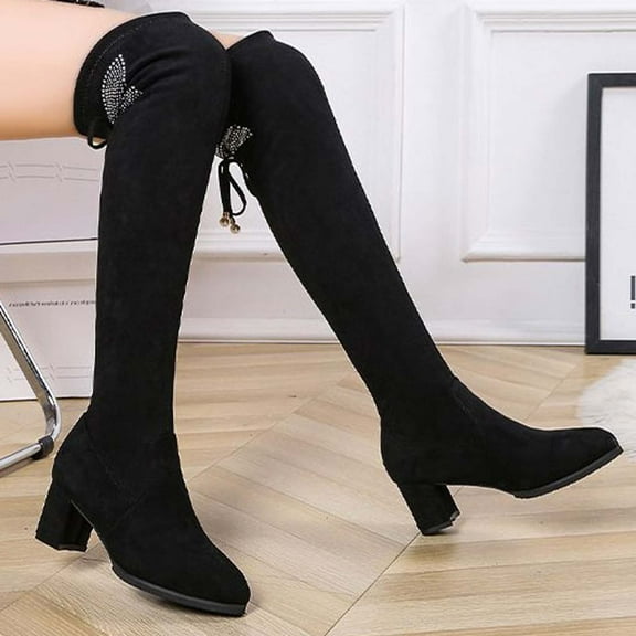 Women's Over The Knee Boots Suede High Heel Chunky Heel Buckle Buckle Thigh High Boots Elegant Fashion Pointed Toe Winter Boots Black 40