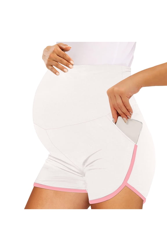 Women's Over-the-Belly Maternity Shorts, Stretchy Cotton-Blend Pregnancy Activewear with Side Pockets, Contrast Trim Casual Lounge Shorts, Postpartum Recovery Yoga Shorts for All Trimesters