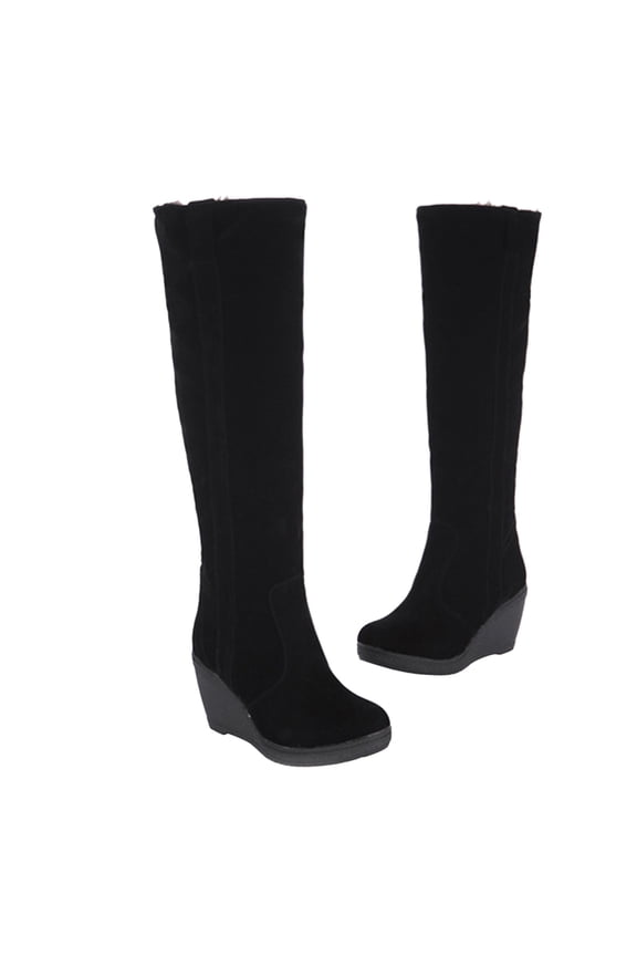 Women's Over the Knee Boots Faux Leather Pointed Toe High Heel Thick Fleece Lining Winter Warm Knee High Boots Slip-on Wedge Heels Black 41
