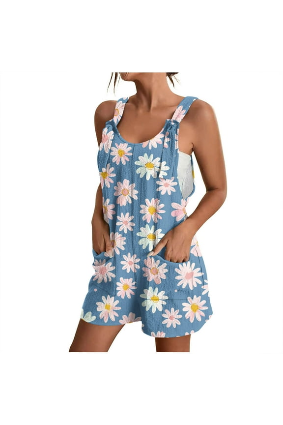 Women's Overall Flower Print Loose Fit Bib Overalls Jumpsuit with Pockets Boho Casual Shortalls