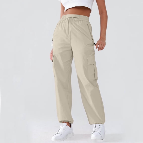 Women's Overalls Casual Lightweight Solid Color Drawstring Multi Pocket Straight Leg Pants, Utility Cargo Jumpsuit Pants for Women, Elastic Waist,Beige,S