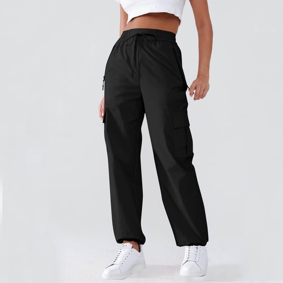 Women's Overalls Casual Lightweight Solid Color Drawstring Multi Pocket Straight Leg Pants, Utility Cargo Jumpsuit Pants for Women, Elastic Waist,Black,S