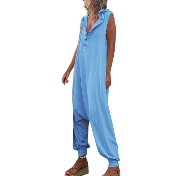 Women's Overalls Casual Loose Sleeveless Hooded Bib Jumpsuit With Pockets