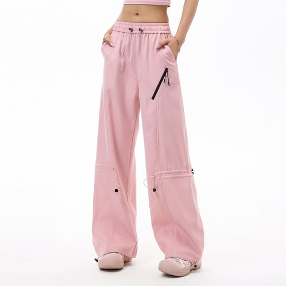 Women's Overalls Casual Pants, Lightweight Multi-Pocket Straight Leg Trousers with Drawstring, Workwear Style Pants for Outdoor and Utility Use,Pink,M