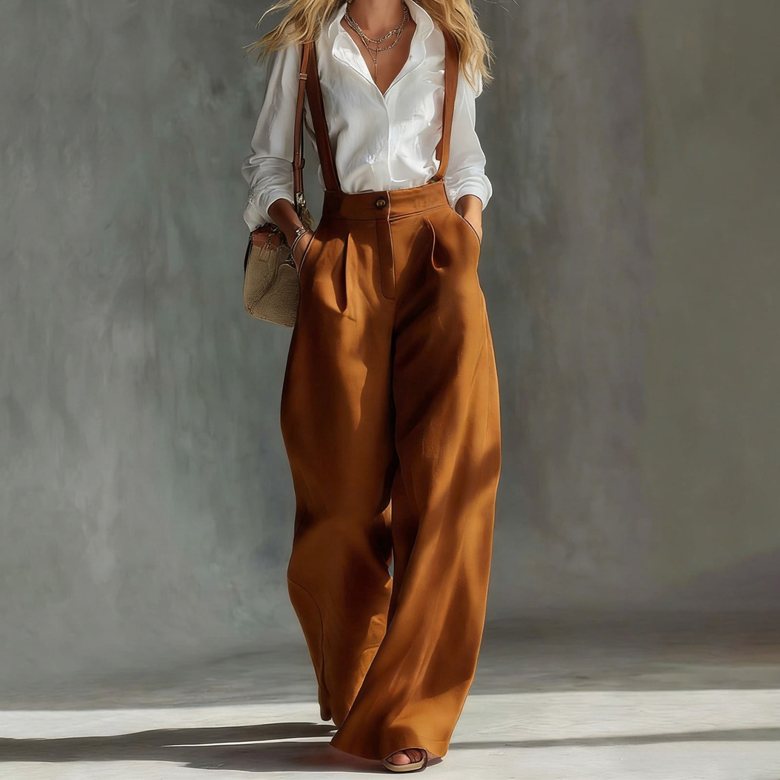 Women's Overalls, High Waist Wide Leg Linen Blend Suspenders with