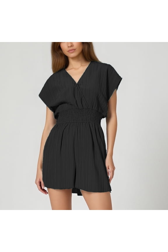 Women's Overalls Summer Trendy Elegant V Neck Short Cap Sleeve Rompers Elastic High Waist Wide Leg Short Jumpsuits Painter Overalls for Women Teal Jumpsuit off Shoulder plus Size Long Sleeve Jumpsuit