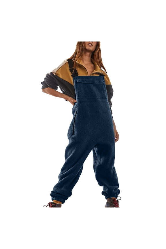 Women's Overalls Winter Warm Sherpa Lined Jumpsuit Cozy Loose Fit Fleece Overalls with Adjustable Straps Pockets Soft Fuzzy Navy 2XL