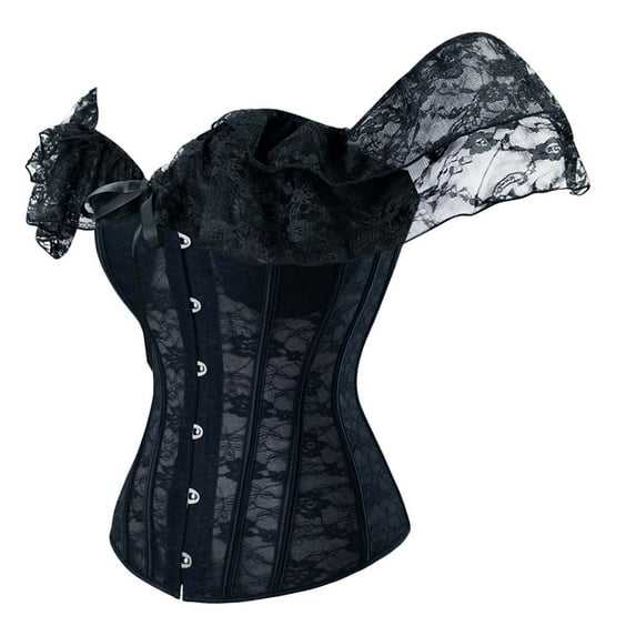 Women's Overbust Corset Tops Lace Off Shoulder Ruffle Trim Front Hook Closure Body Suit Shapewear Black XL