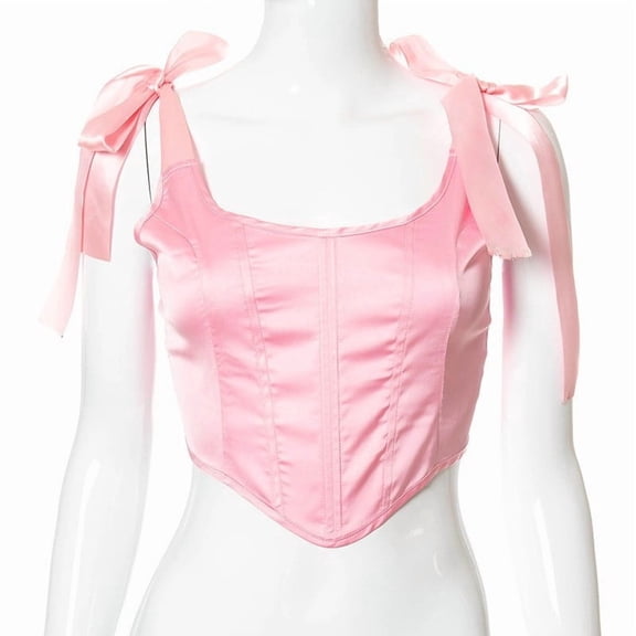 Women's Overbust Corset Tops Straps Back Lace Up Satin Body Suit Shapewear Pink L