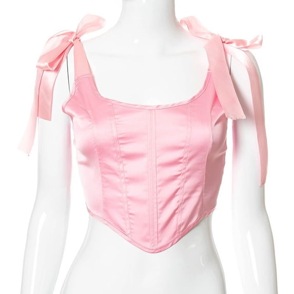 Women's Overbust Corset Tops Straps Back Lace Up Satin Body Suit Shapewear Pink S