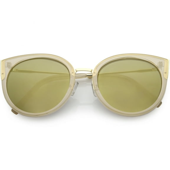 Women's Oversize Cat Eye Sunglasses Round Colored Mirror Lens 55mm (Creme / Gold Mirror)