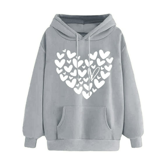 Women's Oversize Hoodies Comfy Long Sleeve Heart Graphic Print Pullover Sweatshirts Classic-Fitted Tops with Pocket(Gray,L)
