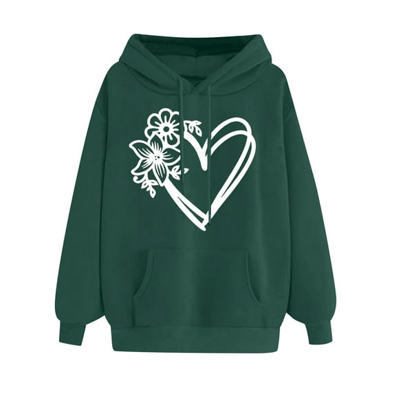 Women's Oversize Hoodies Comfy Long Sleeve Heart Graphic Print Pullover Sweatshirts Classic-Fitted Tops with Pocket(Green,M)