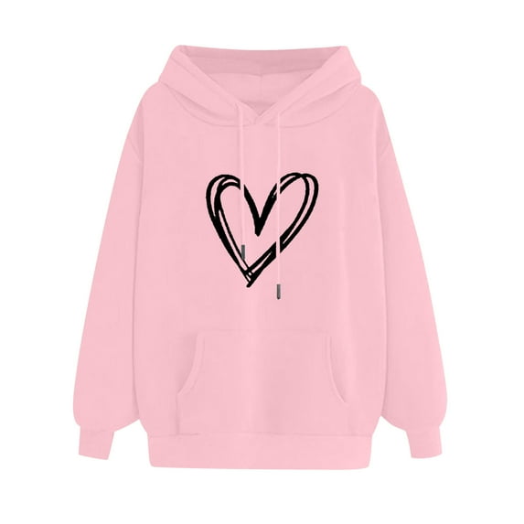 Women's Oversize Hoodies Comfy Long Sleeve Heart Graphic Print Pullover Sweatshirts Classic-Fitted Tops with Pocket(Pink,L)