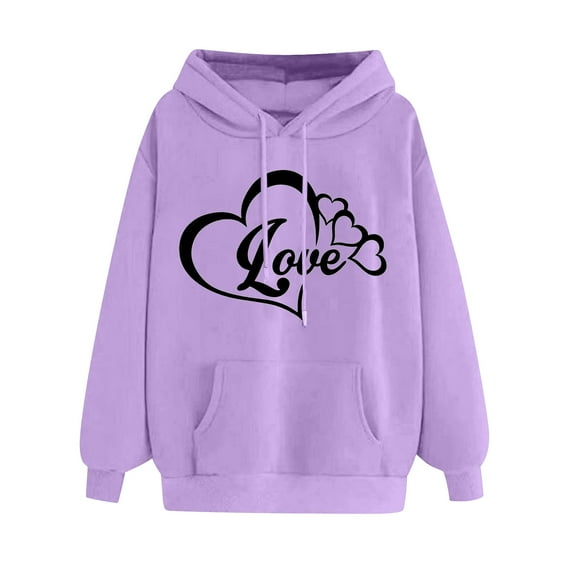 Women's Oversize Hoodies Comfy Long Sleeve Heart Graphic Print Pullover Sweatshirts Classic-Fitted Tops with Pocket(Purple,L)