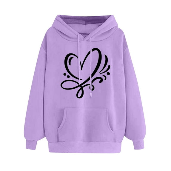 Women's Oversize Hoodies Comfy Long Sleeve Heart Graphic Print Pullover Sweatshirts Classic-Fitted Tops with Pocket(Purple,XXL)