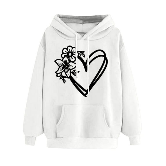 Women's Oversize Hoodies Comfy Long Sleeve Heart Graphic Print Pullover Sweatshirts Classic-Fitted Tops with Pocket(White,XL)