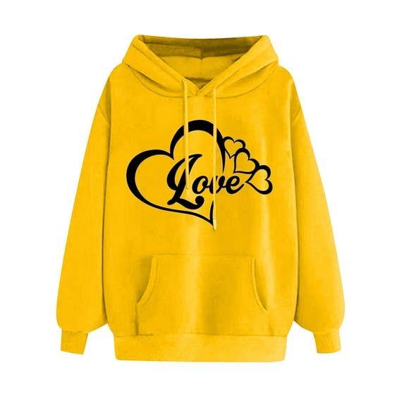 Women's Oversize Hoodies Comfy Long Sleeve Heart Graphic Print Pullover Sweatshirts Classic-Fitted Tops with Pocket(Yellow,M)