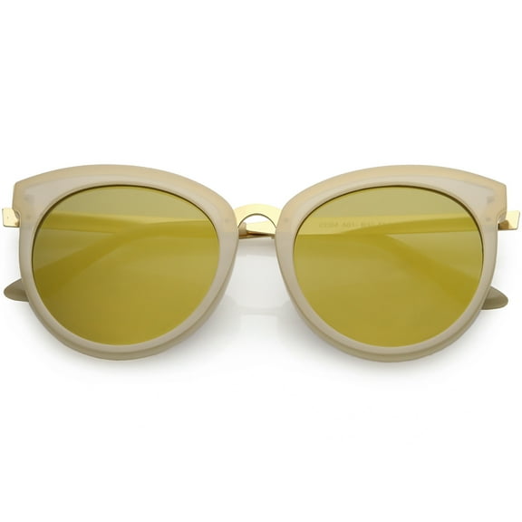 Women's Oversize Horn Rimmed Cat Eye Sunglasses Round Mirrored Lens 54mm (Creme / Gold Mirror)