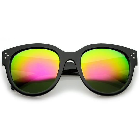 Women's Oversize Horn Rimmed Colored Mirror Lens Cat Eye Sunglasses 56mm (Black / Magenta-Green Mirror)