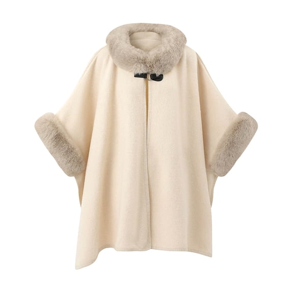 Women's Oversize Knit Cape Coat Thick Warm Hooded Poncho Collar Shawl Wrap Cardigan Cloak for Evening Beige-W Free Size