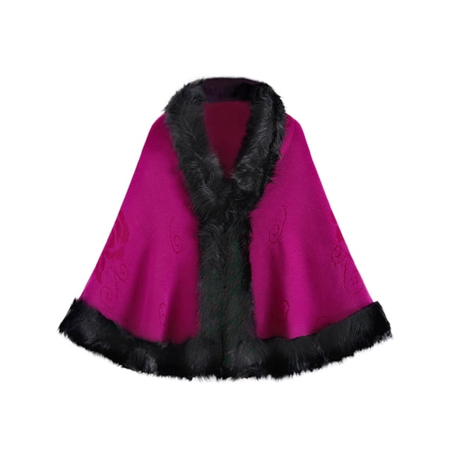 Women's Oversize Knit Cape Coat Winter Warm Poncho Fur-Collar Shawl Wrap Cardigan Cloak Hot Pink One Size