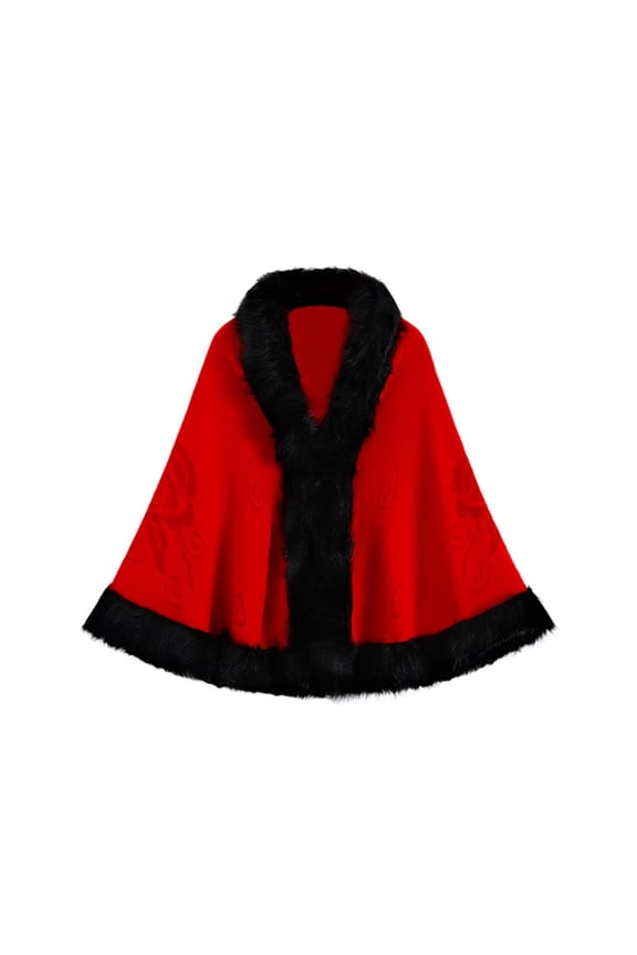 Women's Oversize Knit Cape Coat Winter Warm Poncho Fur-Collar Shawl Wrap Cardigan Cloak Red One Size