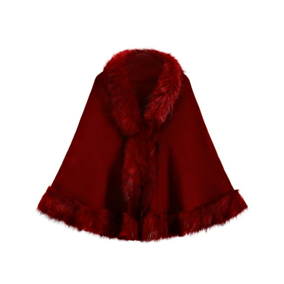 Women's Oversize Knit Cape Coat Winter Warm Poncho Fur-Collar Shawl Wrap Cardigan Cloak Wine One Size