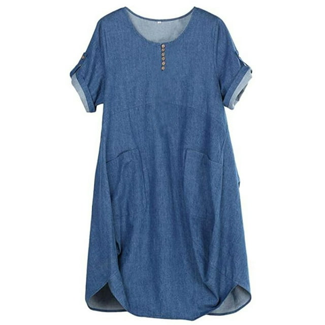 Women's Oversize Midi Dresses Casual Tunic with Pockets Denim Blue L ...