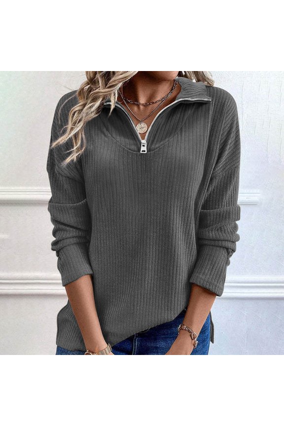 Women's Oversize Solid Color Quarter Zip Sweater, Turn Neck Collar Long Sleeve Knitted Pullover, Casual Loose Fit Sweater for Women Gray2 M