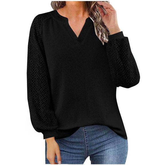 Women's Oversize Tank Tops Casual Comfortable Long Sleeve V-Neck Lace Solid Tops Flowy Shirts Black S