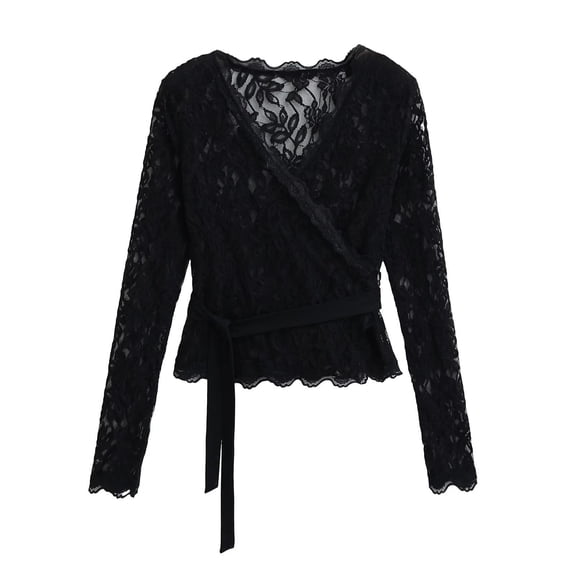 Women's Oversize Tank Tops Casual Solid Color Sexy Lace Long Sleeve Bandage Top V Neck Blouses Trendy Tunic Top Black S