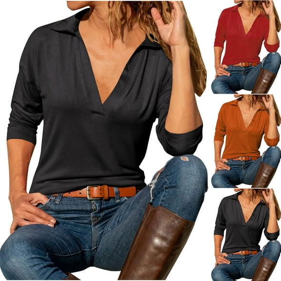 Women's Oversize Tank Tops Casual Solid Color V-neck Long Sleeved Black T Shirt Pullover Tunic S-2XL