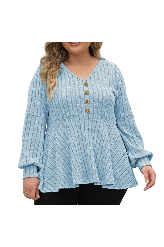Women's Oversize V Neck Button Down Sweaters Casual Long Sleeve Pullover Tops Ruffle Swing Flowy Tunic Sweaters